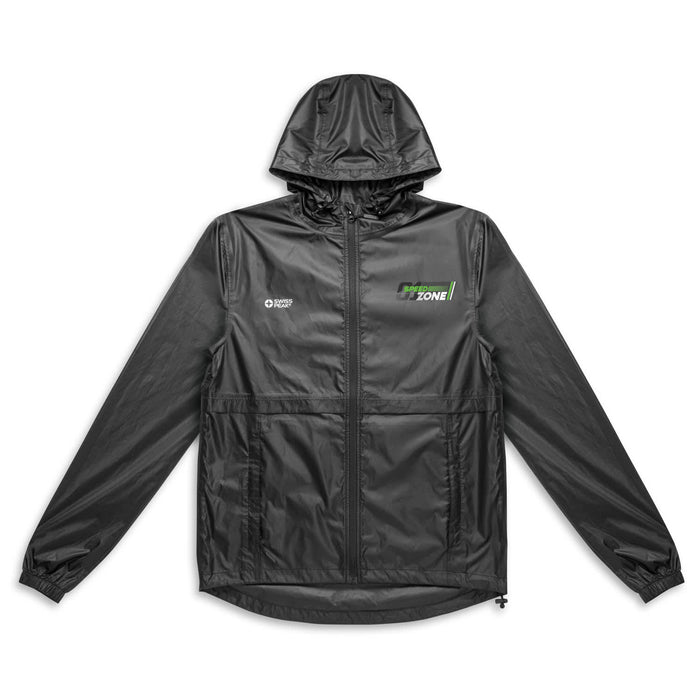 Swiss Peak Urban Unisex Windbreaker - A black unisex windbreaker featuring a hood and a logo. It has a sleek, minimalist design and an adjustable fit.