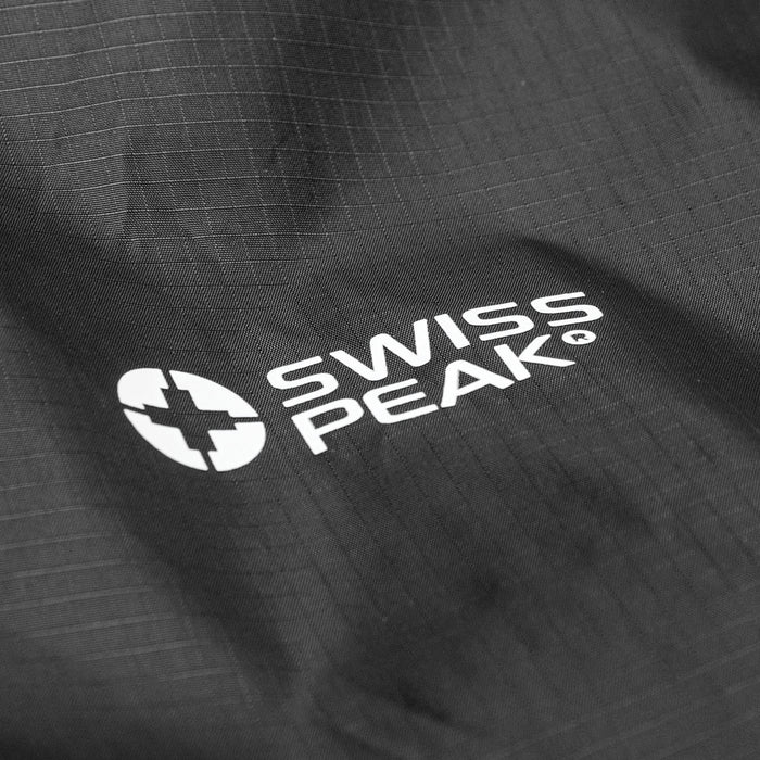Swiss Peak Urban Unisex Windbreaker - A close-up of a black windbreaker featuring a logo on the front. The fabric has a subtle textured pattern.