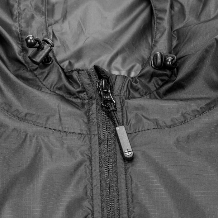 Swiss Peak Urban Unisex Windbreaker - A close-up of a black windbreaker jacket featuring a zip and adjustable cords on the hood, with a logo.