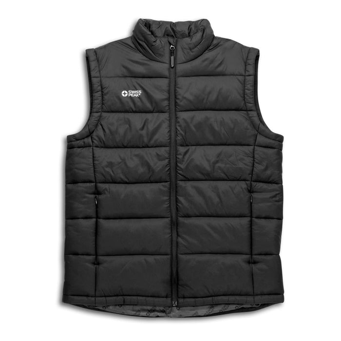 Swiss Peak Urban Unisex Puffer Vest - A black unisex puffer vest with a branded logo and a front zip closure.