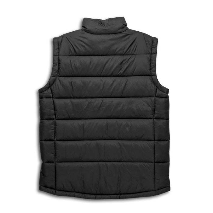 Swiss Peak Urban Unisex Puffer Vest - A black unisex puffer vest with a quilted design and a high collar. It features a logo on the fabric.