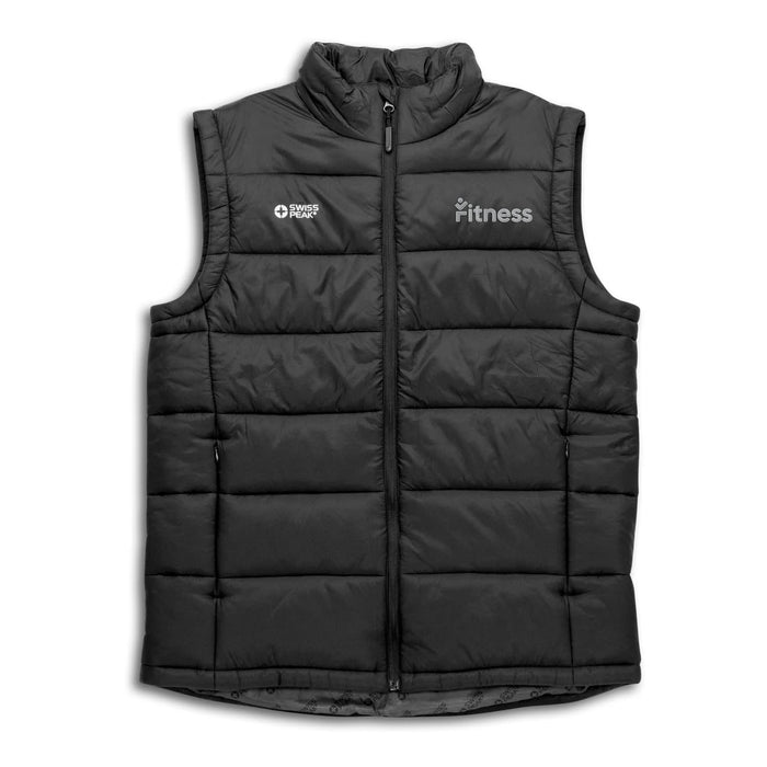 Swiss Peak Urban Unisex Puffer Vest - A black unisex puffer vest with a high collar and zip front, featuring branding on the chest.
