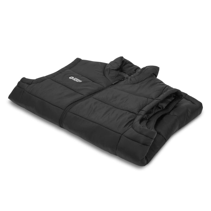 Swiss Peak Urban Unisex Puffer Vest - A black unisex puffer vest featuring a collar, folded neatly and showcasing quilting design. It includes a logo.