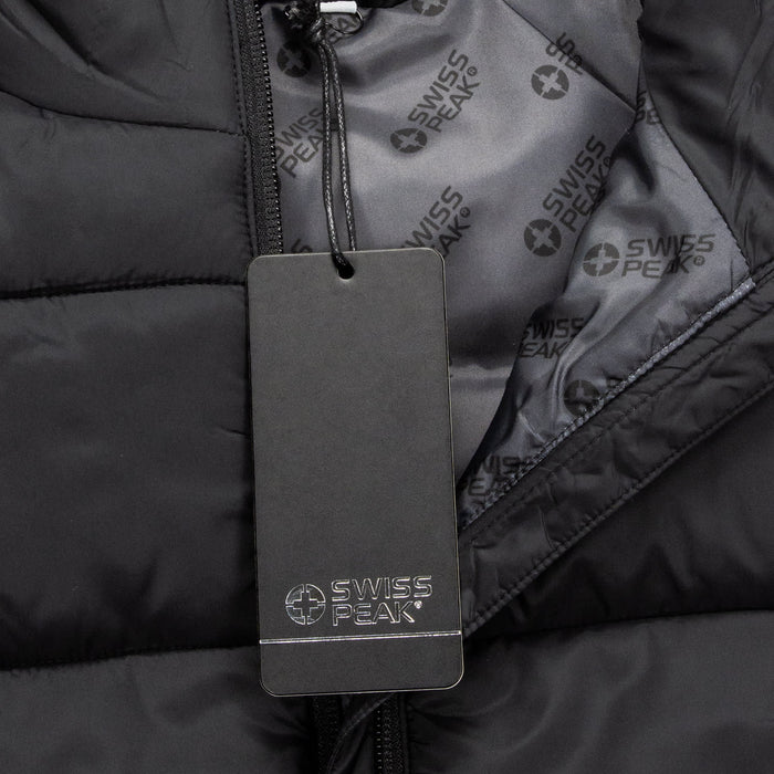 Swiss Peak Urban Unisex Puffer Vest - A black unisex puffer vest with a zip and an inner lining featuring a branding logo. A tag is attached.