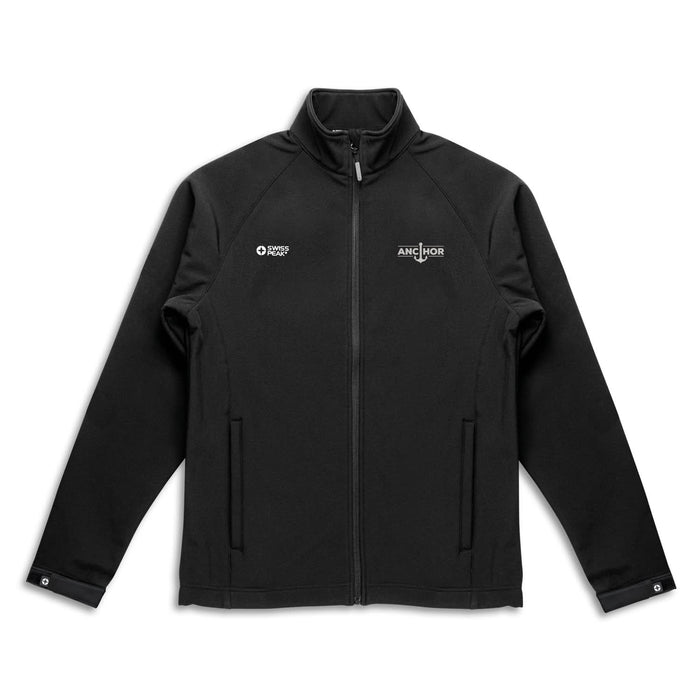 Swiss Peak Urban Unisex Softshell Jacket - A black softshell jacket with a full zip and two side pockets, featuring a logo on the chest.