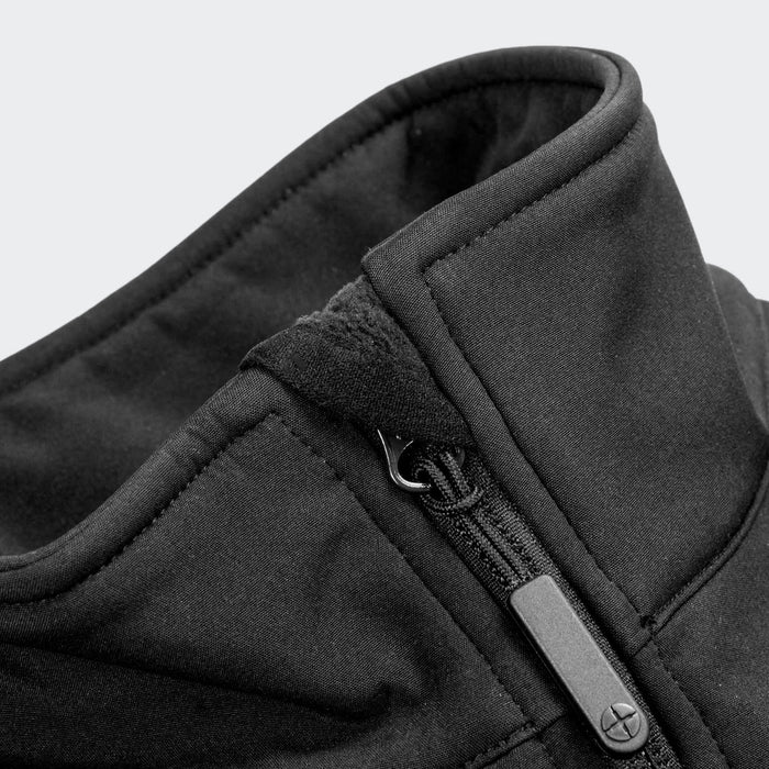 Swiss Peak Urban Unisex Softshell Jacket - A black softshell jacket featuring a high collar and zip closure, with stitching details and a logo.