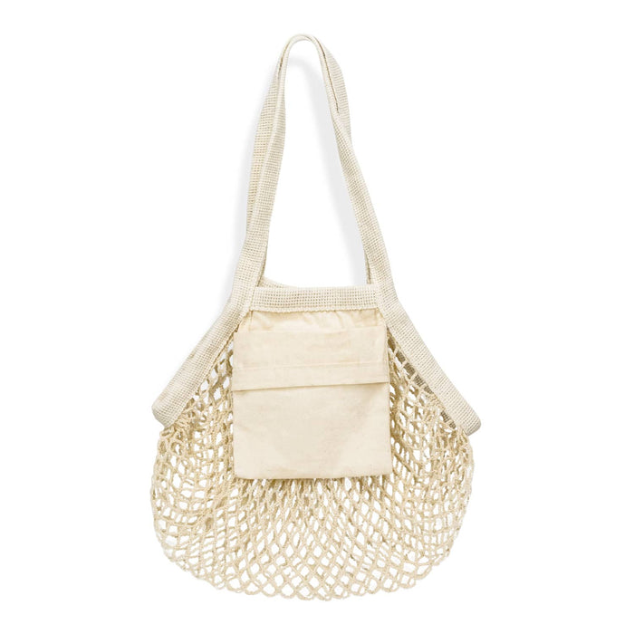 Cotton Mesh Foldaway Tote Bag - Small - A small cotton mesh tote bag in cream colour with a solid front pocket and shoulder straps. It has a logo.