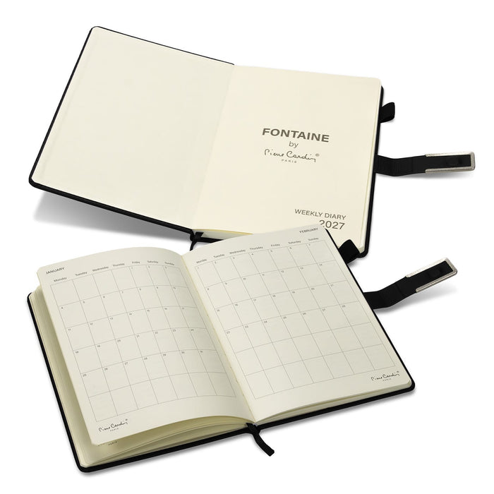 Pierre Cardin Fontaine Weekly Diary - 2027 - A weekly diary with a sleek black cover and cream pages, featuring a ribbon marker and branding.