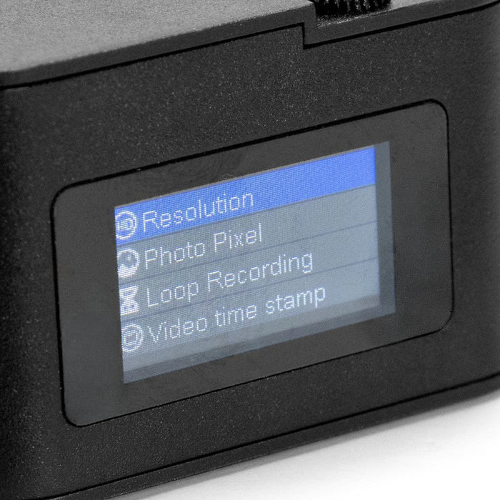 Candid Mini Camera - A small black camera featuring a display screen with menu options for settings like resolution and video timestamp.
