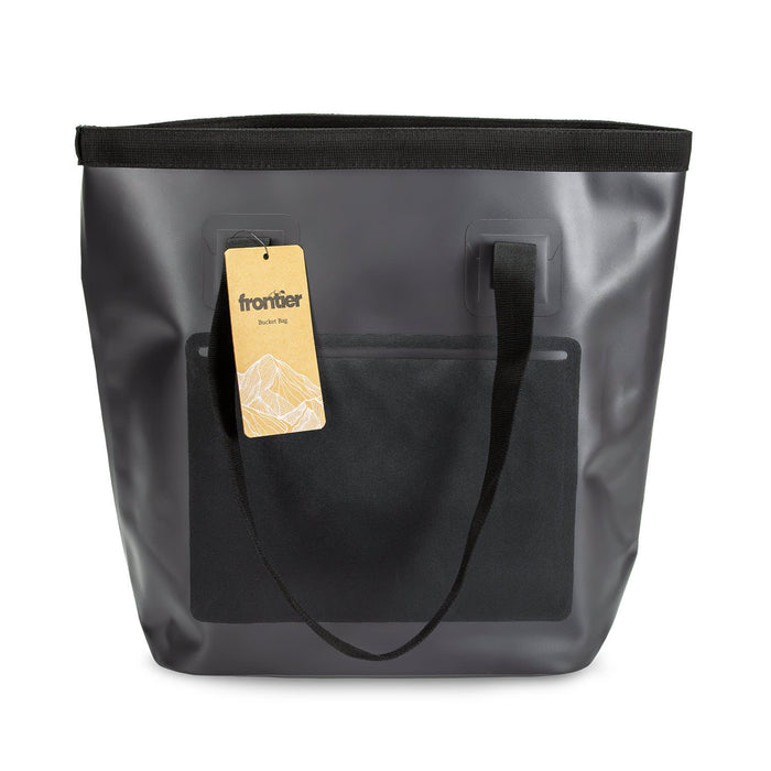 Frontier Bucket Bag - A black and grey bucket bag with sturdy handles and a front pocket, featuring a branding tag.