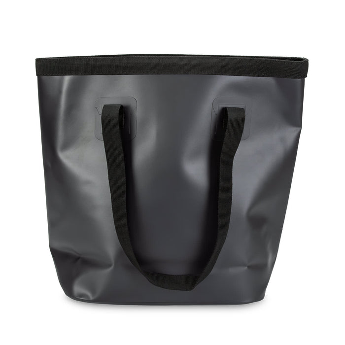 Frontier Bucket Bag - A black bucket bag with sturdy black handles and a waterproof design. It features a logo on the side.