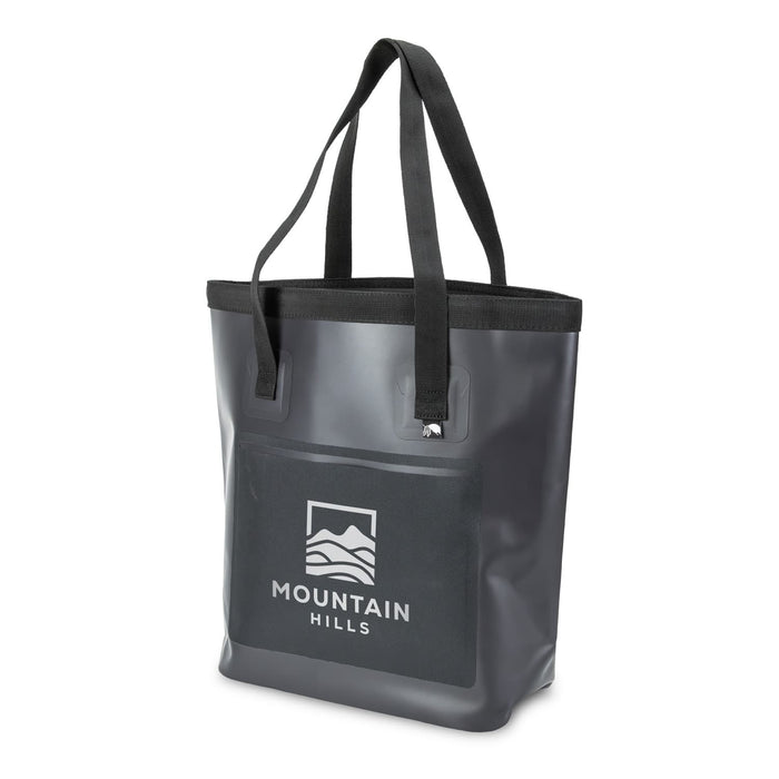 Frontier Bucket Bag - A grey bucket bag with black handles and a logo on the front. The bag has a waterproof design.