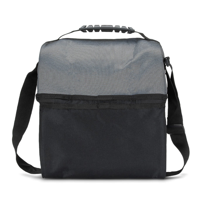 Trades Lunch Cooler Bag - A grey and black cooler bag with a shoulder strap and a top handle, featuring a logo.