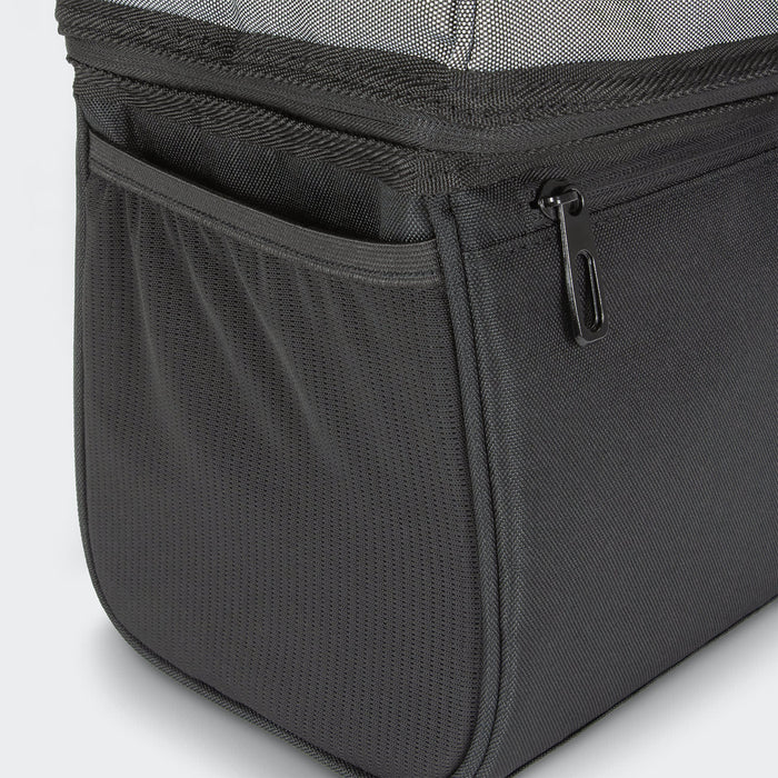 Trades Lunch Cooler Bag - A dark grey cooler bag with a zippered pocket, featuring a mesh top for ventilation and a branded logo.
