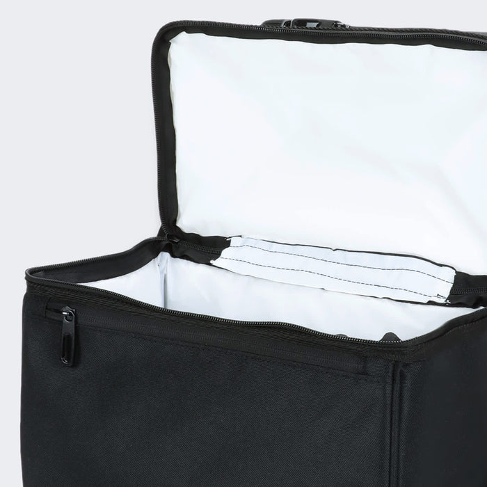 Trades Lunch Cooler Bag - A black lunch cooler bag with a white interior and a zippered top, featuring a logo.