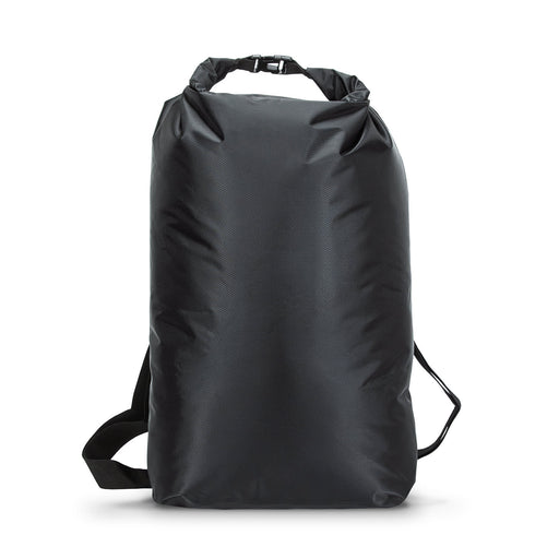 Nevis Dry Bag – 20L - A black 20L dry bag with adjustable straps and a roll-top closure. It features a logo on the front.
