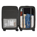 Kadi Carry-On Suitcase - Business - A black suitcase with organised compartments, featuring clothing items, toiletries in a transparent pocket, and straps to secure contents.