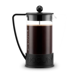 Bodum Brazil French Press 1L - A French press in black and clear glass with a black handle, holding dark brewed coffee. It features a logo on the base.