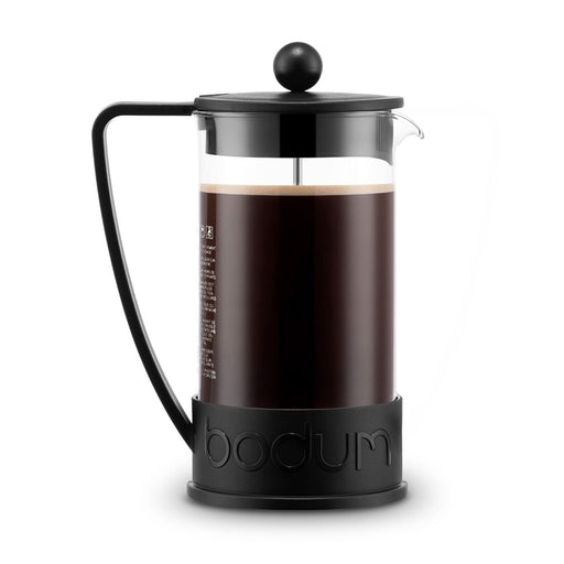 Bodum Brazil French Press 1L - A French press in black and clear glass with a black handle, holding dark brewed coffee. It features a logo on the base.