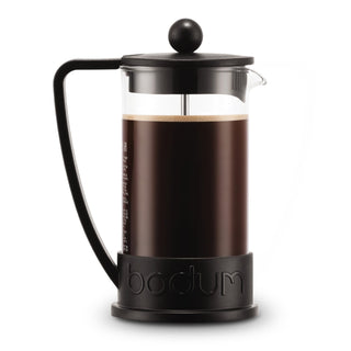 Bodum Brazil French Press 350ml - A French press coffee maker in black with a transparent body, featuring a round handle and a plunger.
