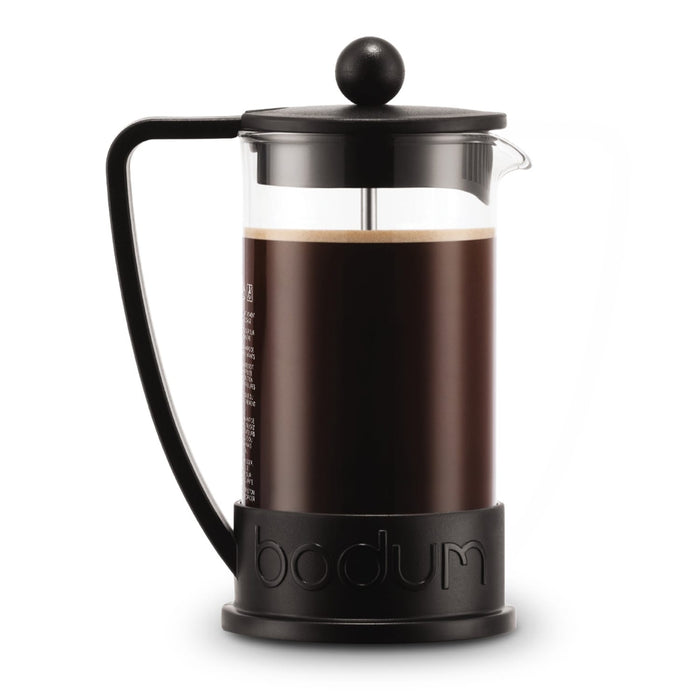 Bodum Brazil French Press 350ml - A French press coffee maker in black with a transparent body, featuring a round handle and a plunger.