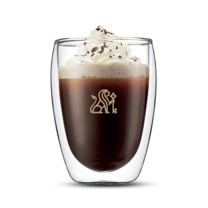 Bodum Pavina Double Wall Glasses - Medium - Set of 2 - A double wall glass with a beverage topped with whipped cream and chocolate shavings, featuring a logo.
