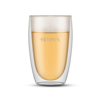 Bodum Pavina Double Wall Glasses - Large - Set of 2 - A double wall glass in clear featuring a golden drink inside, with a logo positioned on the side.
