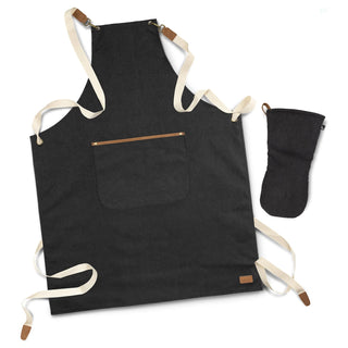 Keepsake Canvas Apron & Oven Mit Set - A dark denim apron with cream straps and a pocket, accompanied by a matching dark oven mitt.
