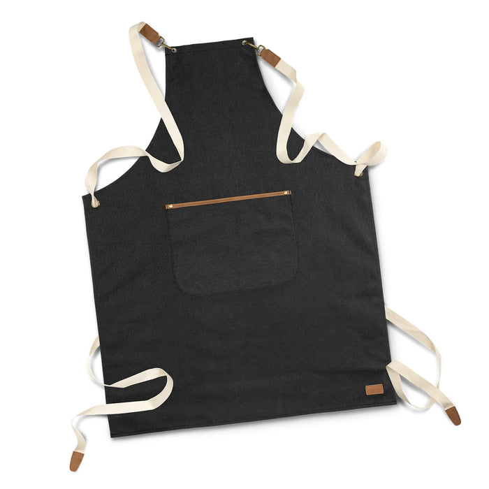 Keepsake Canvas Apron & Oven Mit Set - A dark grey canvas apron with cream straps and a front pocket, featuring a small logo.