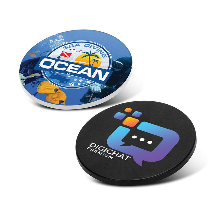 Multi-Functional Magnetic Badge - Two circular coasters featuring vibrant designs: one blue with an ocean theme and the other black with a logo.