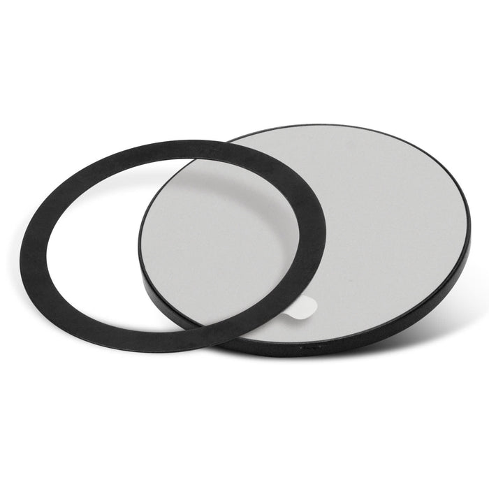 Multi-Functional Magnetic Badge - A round magnetic badge in grey with a black outer ring and backing, featuring a logo.