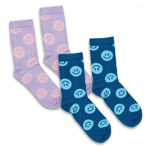 Pixel Knitted Bamboo Crew Socks - Set of 2 - A set of two pairs of crew socks in lavender and teal, each featuring a smiley face pattern.