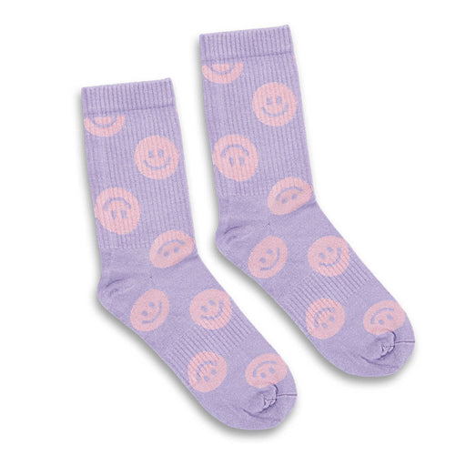 Pixel Knitted Bamboo Crew Socks - Set of 2 - A pair of purple crew socks with pink smiley face patterns, featuring ribbed texture and a small logo.