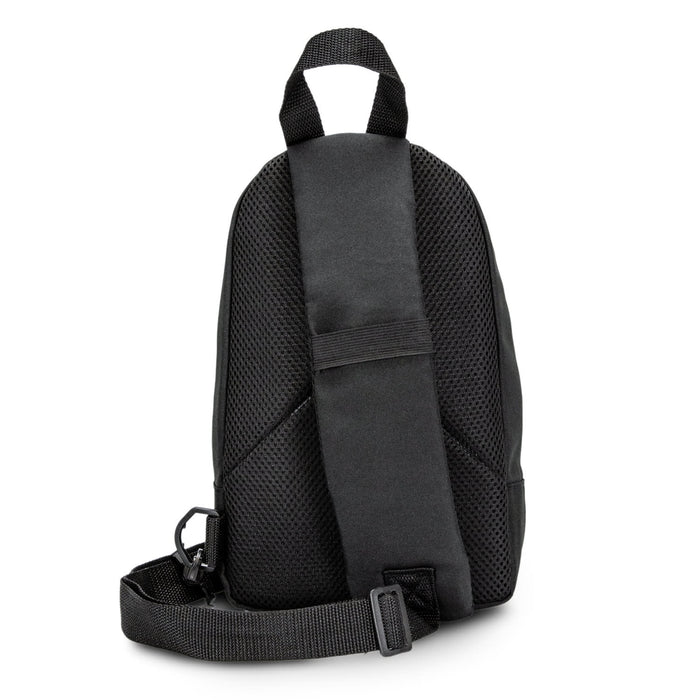 Callum Crossbody Bag - A black crossbody bag featuring a textured mesh back and an adjustable strap. It has a logo on the surface.