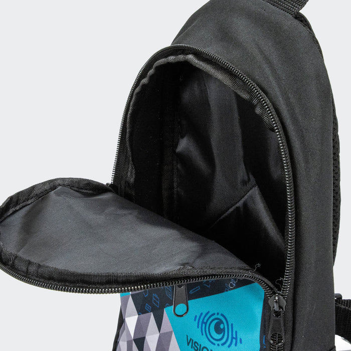 Callum Crossbody Bag - A black crossbody bag with a zippered opening, revealing an internal compartment. It features a logo.