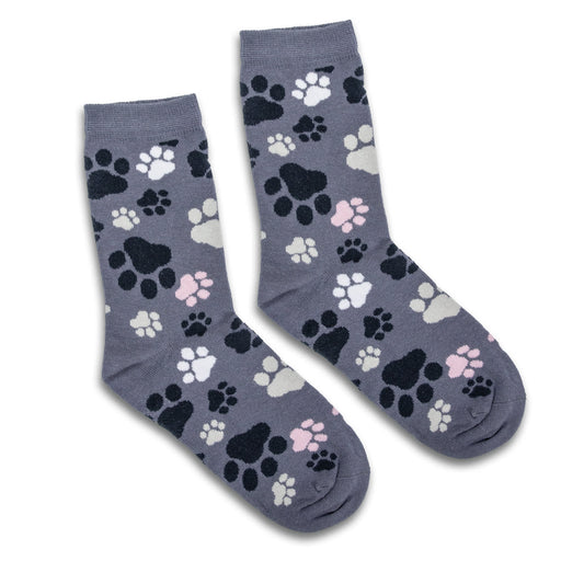 Jolly Knitted Kids Socks - Jolly knitted kids socks featuring a grey background with black, grey, and pink paw prints.