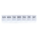Weekly Pill Organiser - A white weekly pill organiser with compartments labelled for each day of the week. It features a simple branding logo.