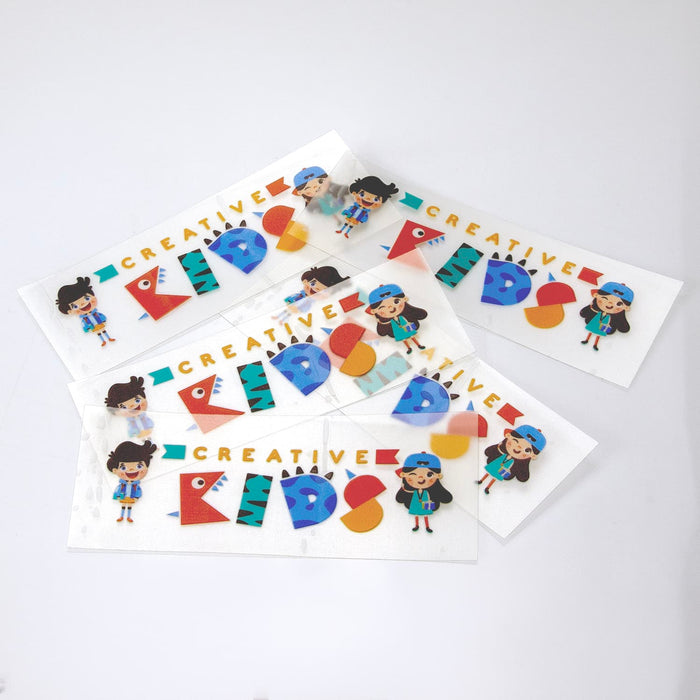 Prism Print - 90 x 25mm Sticker - Four colourful stickers featuring playful characters and the text "Creative Kids." Each sticker has a white background.