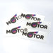 Prism Print - 55 x 24mm Sticker - A selection of clear stickers featuring the word "MOTOR" and a graphic of a stylised motor icon.