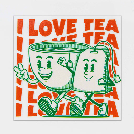 Prism Print - 100 x 100mm Sticker - A square sticker featuring a cartoon cup and teabag, themed around a love for tea, in green and orange colours.