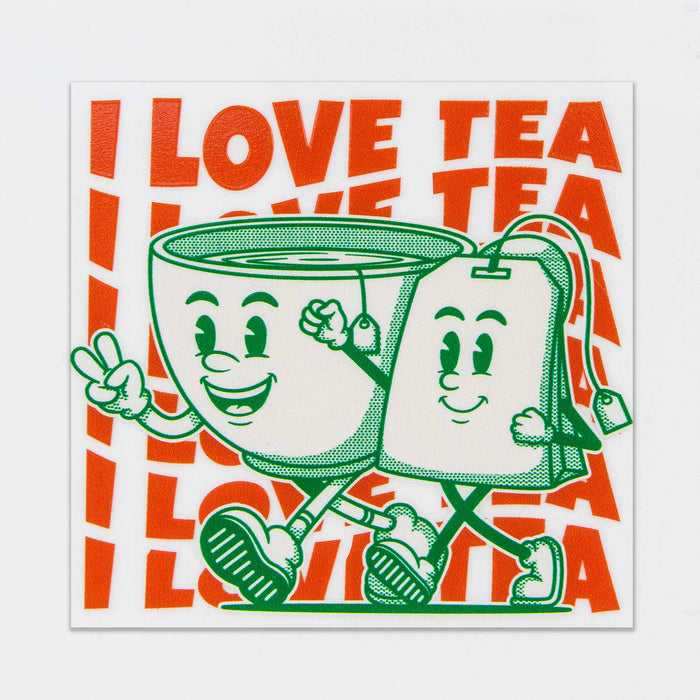 Prism Print - 100 x 100mm Sticker - A square sticker featuring a cartoon cup and teabag, themed around a love for tea, in green and orange colours.