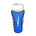 Multi-Tool Bottle Opener - A drink bottle opener in blue with a corkscrew and a silver bottle opener. Features a logo on one side.