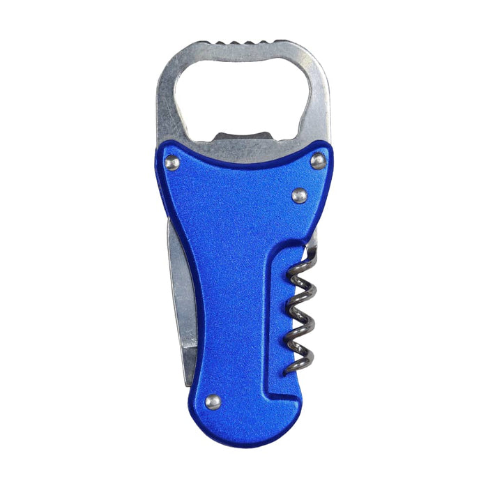 Multi-Tool Bottle Opener - A drink bottle opener with a blue metallic handle, featuring a corkscrew and a bottle cap opener. Includes a logo.