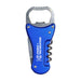 Multi-Tool Bottle Opener - A drink bottle multi-tool opener in blue, featuring a bottle opener, corkscrew, and knife. Includes a logo.