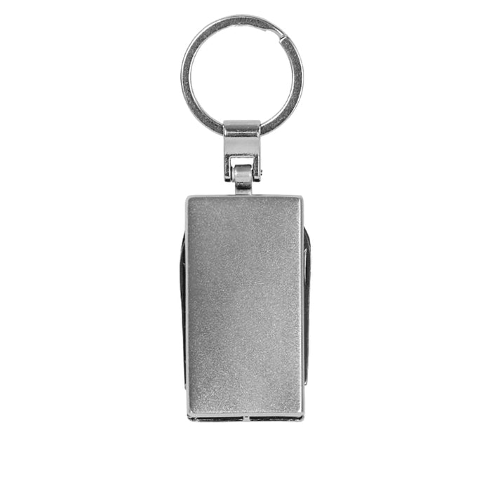 Multi-Tool Keyring - A silver multi-tool keyring featuring various small tools attached to a keyring. It has a sleek, metallic design.