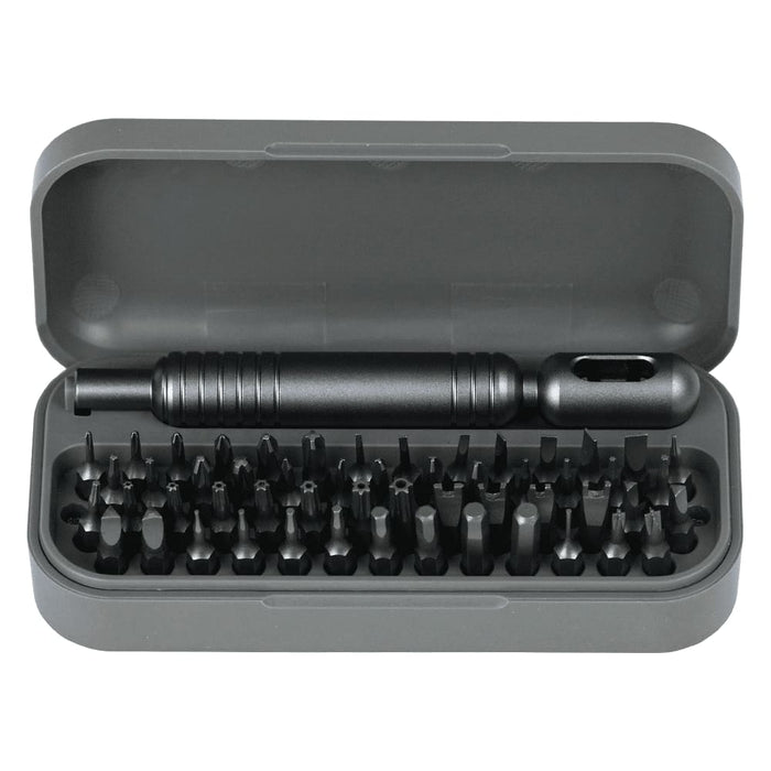 55 in 1 Pocket Screwdriver Tool Set - A black 55 in 1 pocket screwdriver tool set with assorted bits in a grey case.