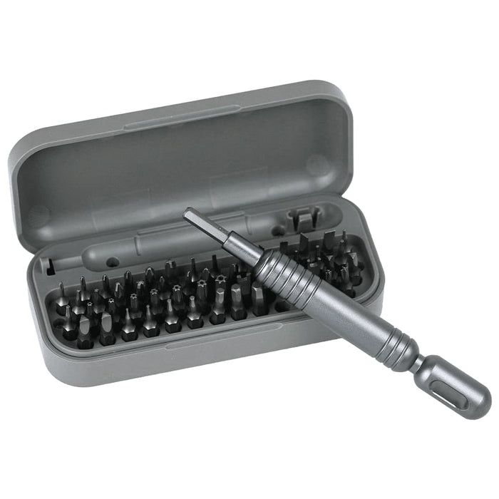 55 in 1 Pocket Screwdriver Tool Set - A grey pocket screwdriver tool set with a variety of bits inside a compact case. Includes a screwdriver handle.