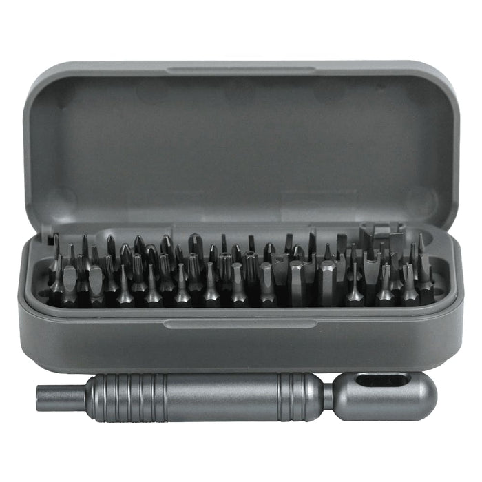 55 in 1 Pocket Screwdriver Tool Set - A grey 55 in 1 pocket screwdriver tool set with various screwdriver bits inside a matching case.