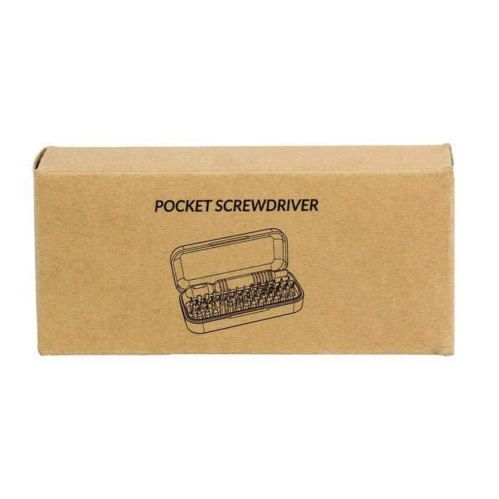55 in 1 Pocket Screwdriver Tool Set - A brown cardboard box containing a compact 55 in 1 pocket screwdriver tool set with various attachments.