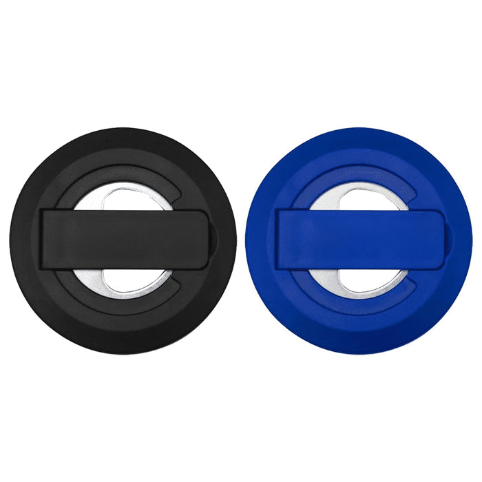 Ain Recycled Plastic Magnetic Phone Stand with Bottle Opener - A black and blue recycled plastic magnetic phone stand featuring a built-in bottle opener with a branding logo.